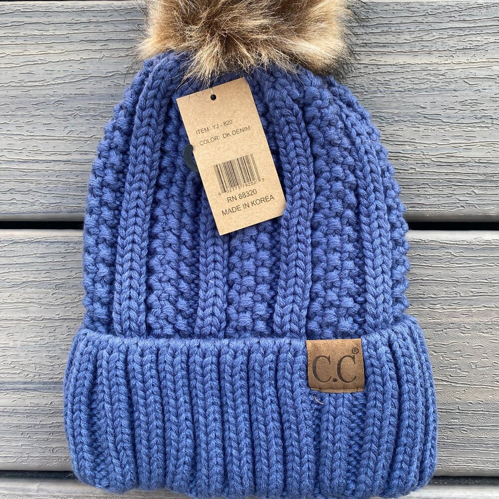 C.C. Exclusives Fuzzy Lined Knit Fur Pom Beanie Hat - Dark Denim